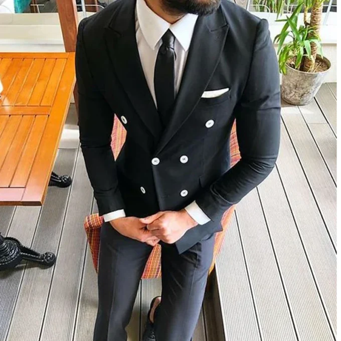 Black Double Breasted Wedding Suits For Men Slim Fit Groom Tuxedo Dinner Party 2 Piece Male Fashion Jacket with Pants