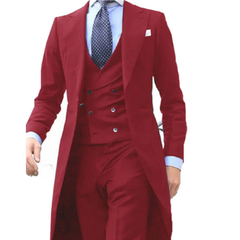 New Arrivel Long Coat Designs Chinese Red Men Suits Gentle Tuxedo Prom Blazer Custom 3 Pieces (Jacket+Vest+Pants) - Image 3