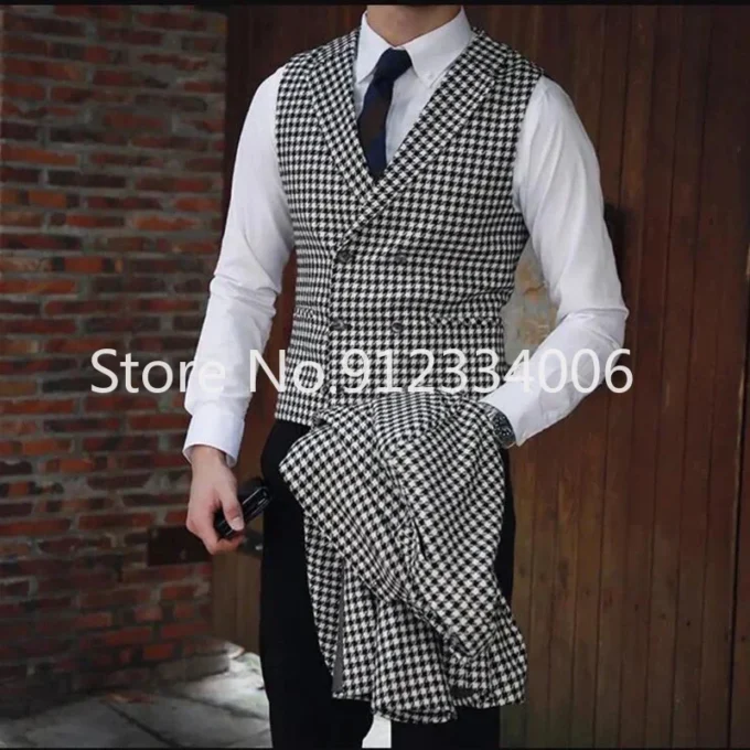 2025 Men's Houndstooth Suits for Wedding Notched Lapel Groomsmen Prom Tuxedos Business Male Suit 3 Piece ( Blazer+Vest+Pants )