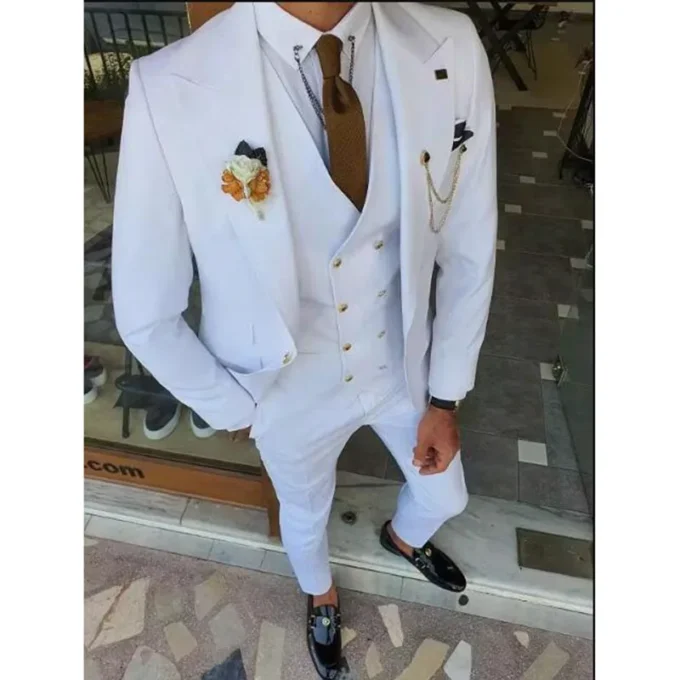 Men's Suits Slim Fit (Jacket+Pants+Vest) Handsome White 3 Piece Groom Tuxedos for Wedding Formal Prom Suit Party Evening Terno
