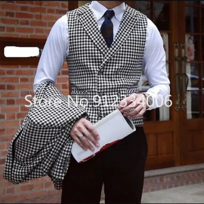 2025 Men's Houndstooth Suits for Wedding Notched Lapel Groomsmen Prom Tuxedos Business Male Suit 3 Piece ( Blazer+Vest+Pants )