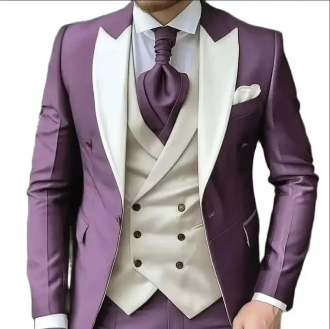New Elegant Wedding 3 Piece Jacket Pants Vest Full Set Luxury Single Breasted Peak Lapel Purple Male Clothing Men's Suits Blazer