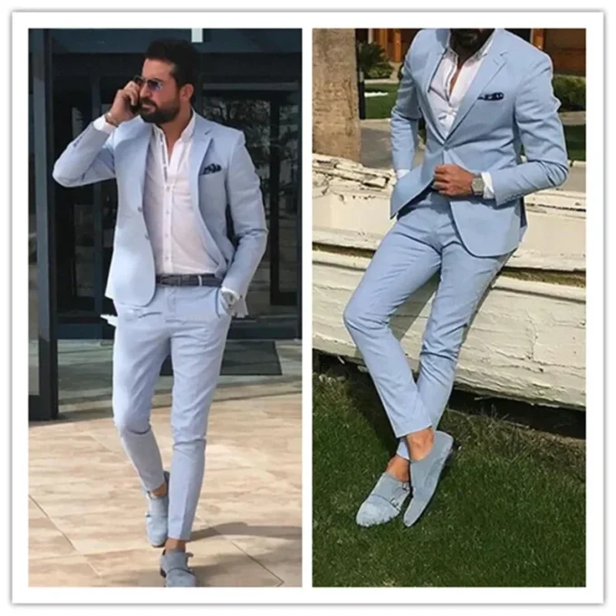 Light Sky Blue Slim Fit Men Suits Notched Lapel Bride Groom Beach Wedding Tuxedos Blazers Sets (Jacket+Pant)