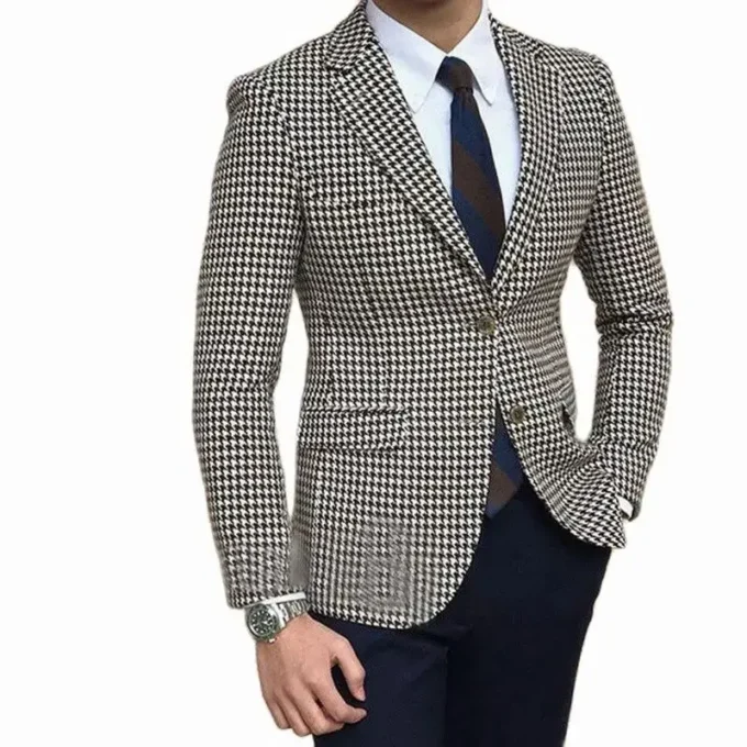 Casual Checked Houndstooth Men Suits for Wedding Groom 2 Piece Plaid Tuxedo Slim Fit Best Male Fashion Blazer with Black Pants