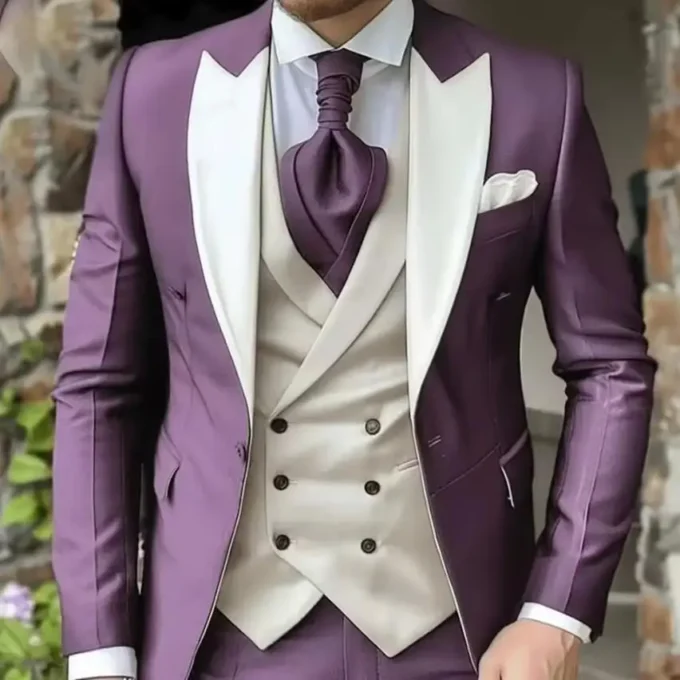 New Elegant Wedding 3 Piece Jacket Pants Vest Full Set Luxury Single Breasted Peak Lapel Purple Male Clothing Men's Suits Blazer