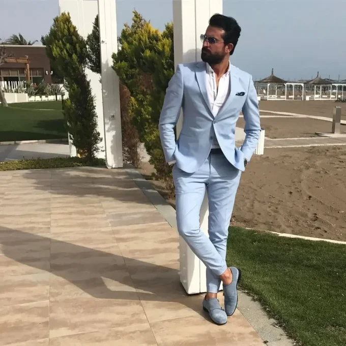 Light Sky Blue Slim Fit Men Suits Notched Lapel Bride Groom Beach Wedding Tuxedos Blazers Sets (Jacket+Pant)