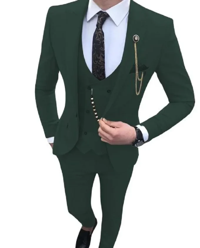Fashion Green Peak Lapel Men Suits Costume Prom Masculino Groom Blazer Wedding Tuxedo Party 2 Pcs (Jacket+vest+Pants)