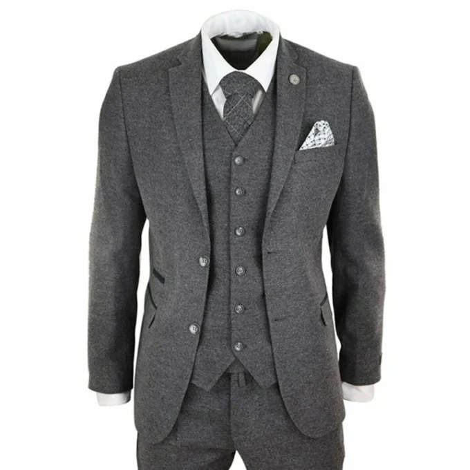 Latest Grey Herringbone Tweed Men's Suit 2025 Custom Made Male Suit Slim Fit Blazer Wedding Suits for Men 3 Piece Costume Homme