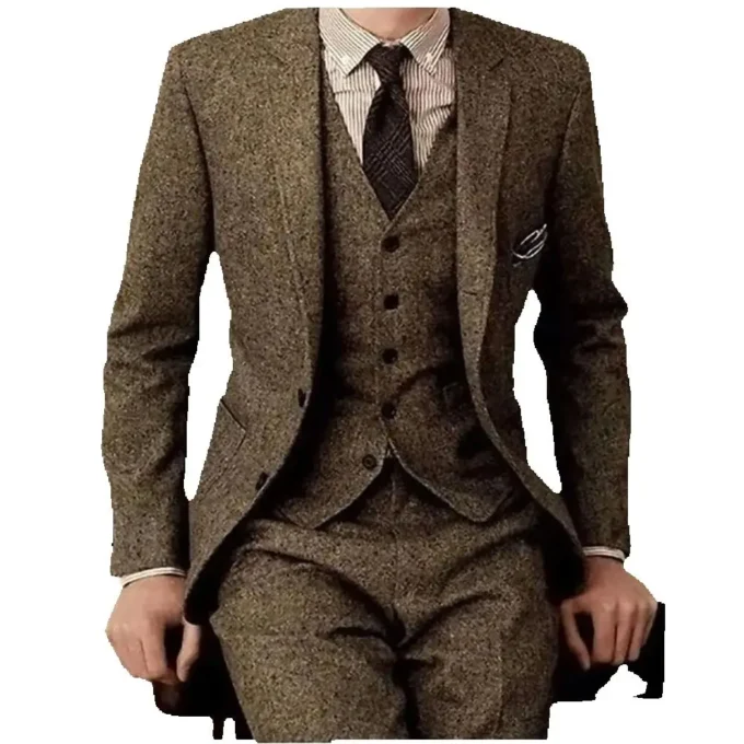 Brown Wool Tweed Men Suits 3 Piece Formal Business Suit Set Gentle-Mens Groom Wedding Dress Blazer Suit Male (Jacket+Pants+Vest)