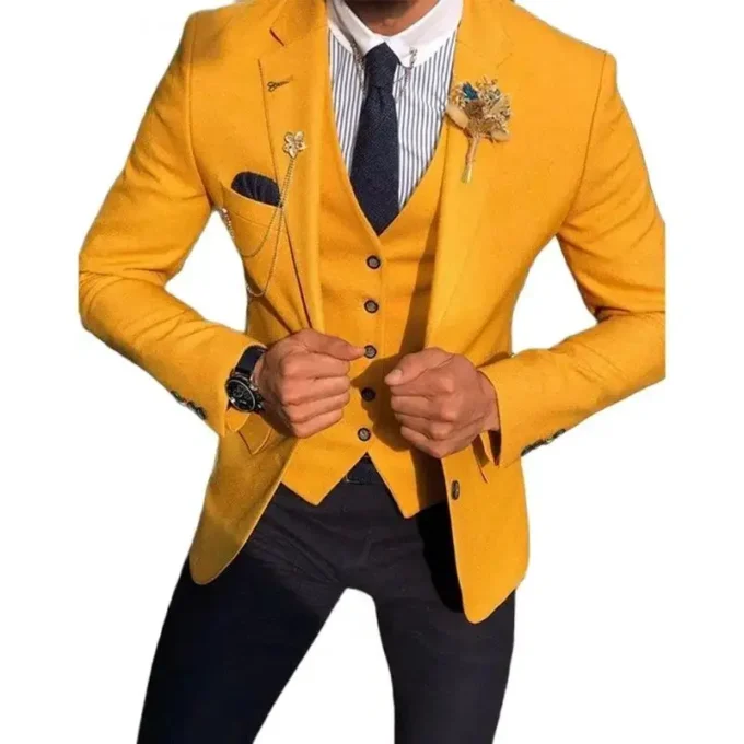 Elegant Men's Suit Business Skinny 3 Piece Men Suits for Wedding Two Button Yellow Groom Wedding Tuxedo Male (Jacket+Pants+Vest)