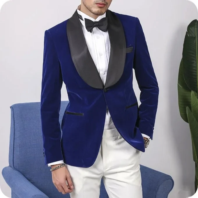 Royal Blue Velvet Wedding suits for Groom Party Casual Slim Fit Men Suits 2 Pieces Male Fashion White Pants Smoking Blazer