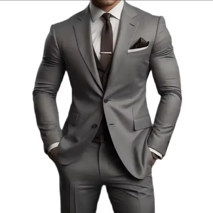 2025 High Quality Men's Suits Grey Single Breasted Notched Lapel Wedding Costume Homme 3 Piece Jacket Pants Vest Suit Slim Fit