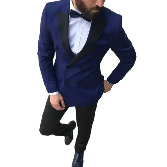 Men's Suits Blue Double Breasted Black Shawl Lapel Formal Party Outfits Elegant Wedding Blazer 2 Piece Jacket Pants Slim Fit