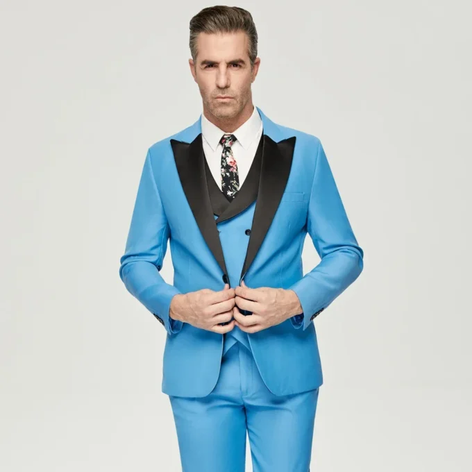 Blue Men Suits 3 Pieces Men Groom Groomsmen Tuxedos Wedding Men Suit Terno Masculino Blue Studio Suit(Jacket+Pant+Vest)