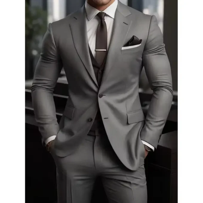 2025 High Quality Men's Suits Grey Single Breasted Notched Lapel Wedding Costume Homme 3 Piece Jacket Pants Vest Suit Slim Fit
