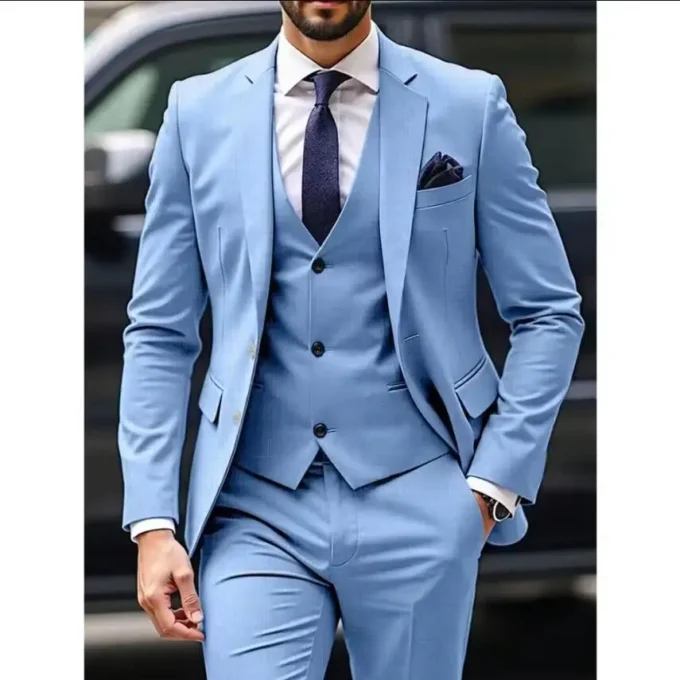 New Light Blue Men Suits 3 Piece Jacket Pants Vest Single Breasted Notch Lapel Formal Wedding Blazer High Quality Costume Homme
