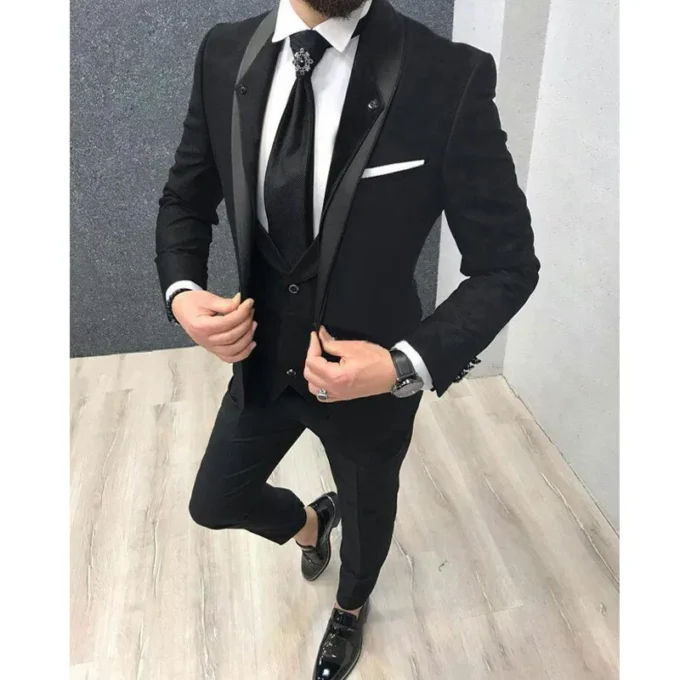 Black 3 Piece Men's Suits Slim fit Groom Tuxedo Wedding Suit Shawl Lapel Male Fashion Costume Homme Jacket Vest with Pants Set