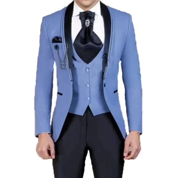 Costume Homme Blue Groom Male Suit for Wedding Shawl Lapel One Button Men Tuxedo Suits Blazer Three Piece ( Jacket+Pants+Vest)