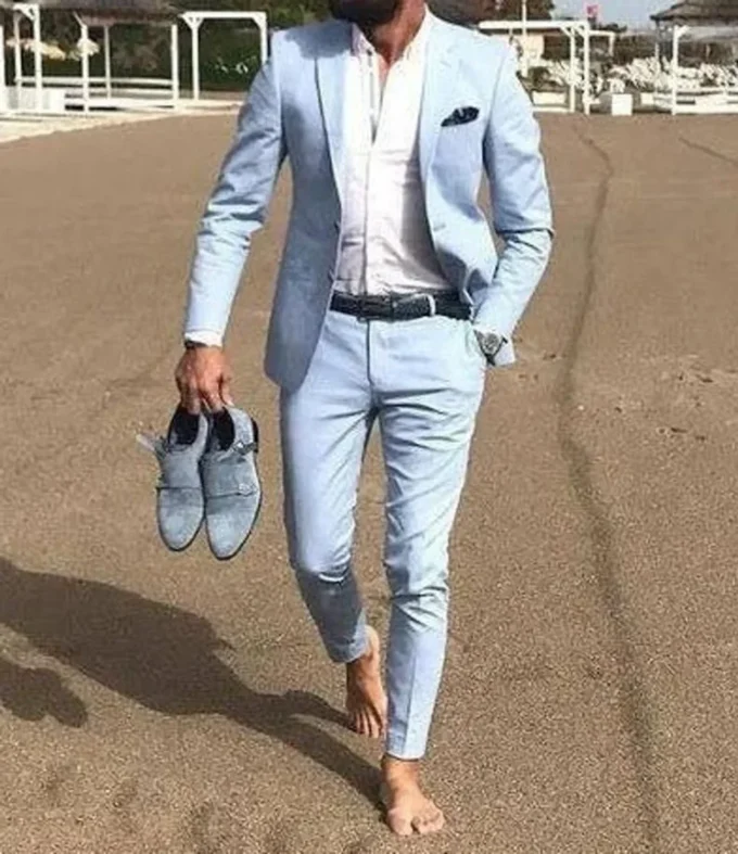 Light Sky Blue Slim Fit Men Suits Notched Lapel Bride Groom Beach Wedding Tuxedos Blazers Sets (Jacket+Pant)