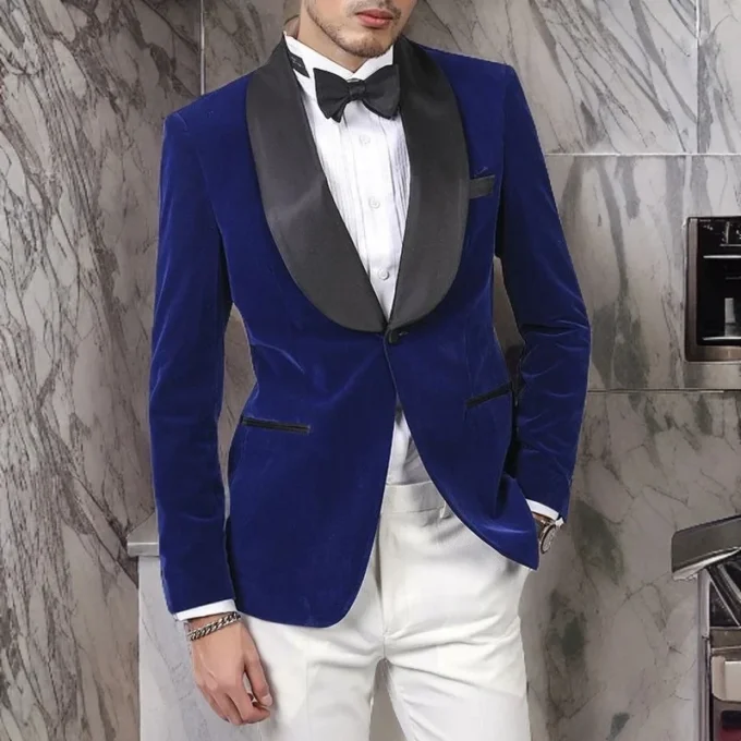 Royal Blue Velvet Wedding suits for Groom Party Casual Slim Fit Men Suits 2 Pieces Male Fashion White Pants Smoking Blazer