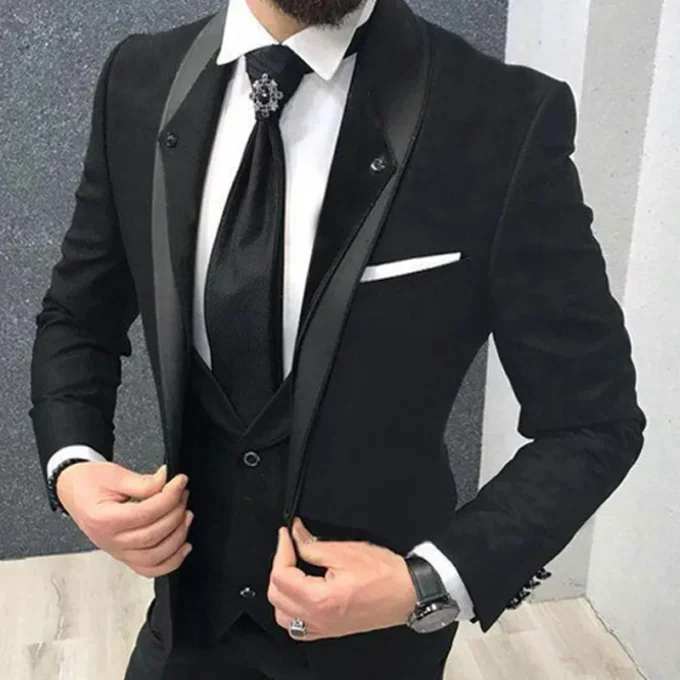 Black 3 Piece Men's Suits Slim fit Groom Tuxedo Wedding Suit Shawl Lapel Male Fashion Costume Homme Jacket Vest with Pants Set