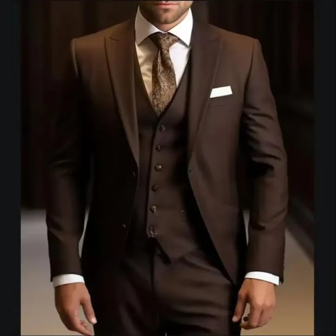 New High Quality Slim Fit Brown Men Suits for Wedding Single Breasted Peak Lapel Skinny 3 Piece Jacket Pants Vest Costume Homme